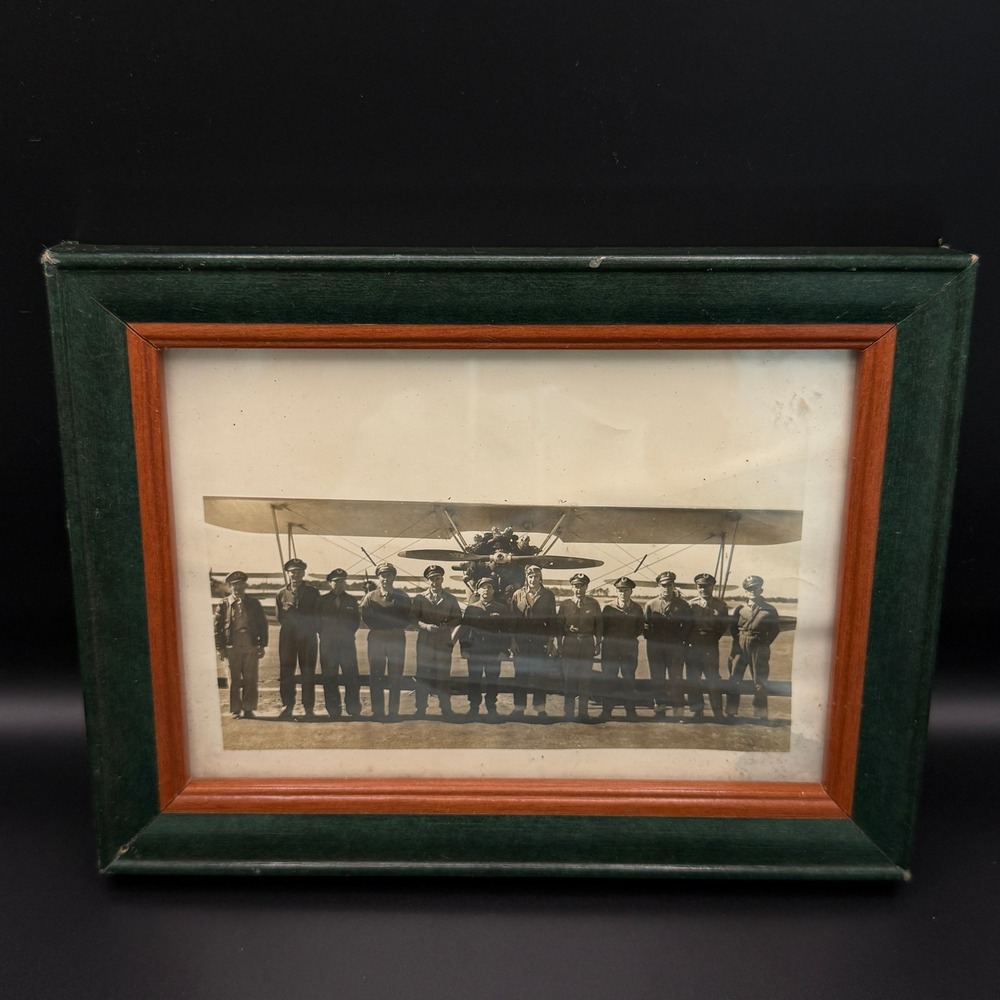 Vintage Military Aviation Biplane Crew Photo Black and White Framed 7x9